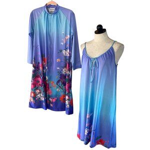 Travel-Lite 2 Piece Womens Size Medium Blue Purple Nightgown Robe Set Vintage